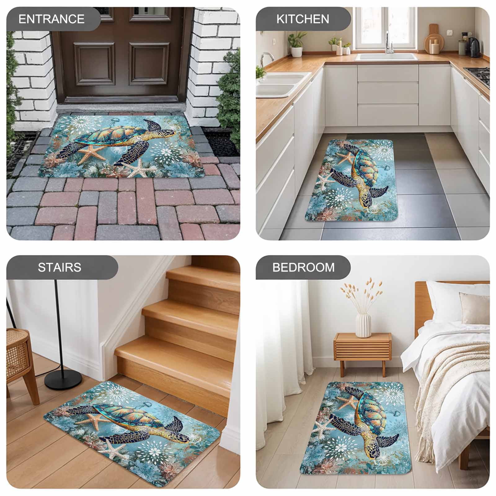 Coastal Sea Turtle Doormat Outdoor Entrance 16"x24", Vintage Teal Nautical Beach Botanical Absorb Moisture Dirt Door Mats, Non-Slip Rubber Backing Floor Mats Indoor, Low-Profile Front Door Rugs