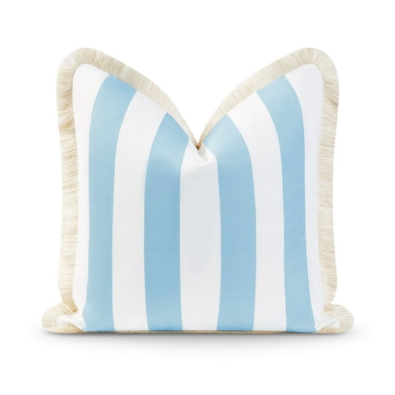 Hofdeco Premium Coastal Hampton Style Patio Indoor Outdoor Pillow Cover Only, 20"x20" Water Resistant for Backyard, Couch, Baby Blue Stripe Fringe