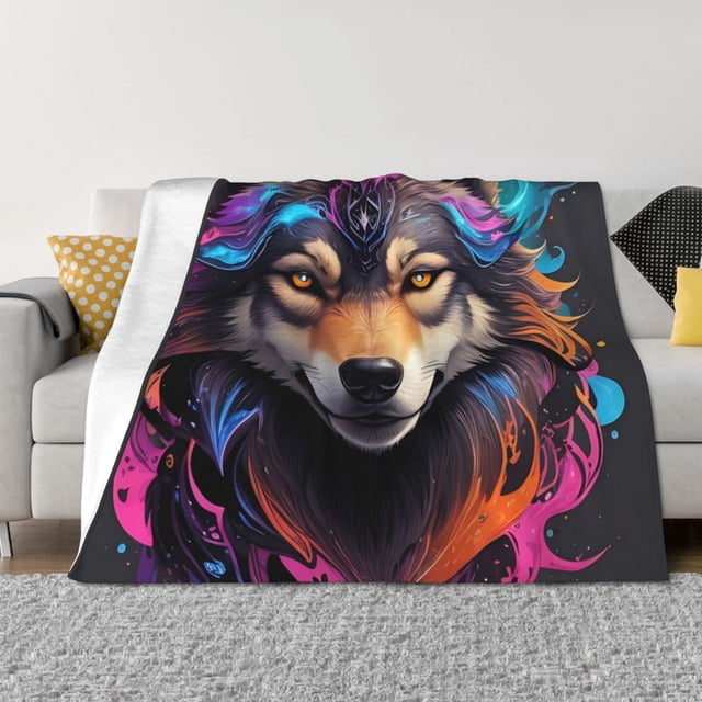 Balery Colorful Wolf Head Manta de Franela con Dibujo, Lujo Ultra Suave y Cálido, Antipelusa y Resistente a las Arrugas para Cama, Sofá, Camping -60"x50"