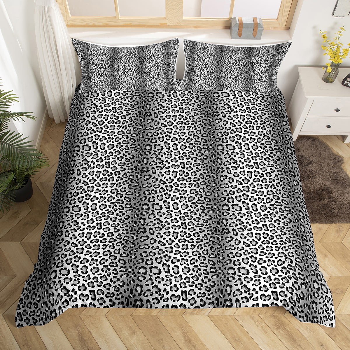 YST Grey Cheetah Bedding Sets Full Leopard Print Comforter Cover, Purple Gradient Ombre Bed Set