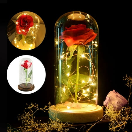 Anniversary Clock Glass Dome Rose Light Bottle, EEEKit Beauty and The Beast Rose Decor Light Red Rose Glass Dome LED Fairy String Lights for Valentines' Day Wedding Anniversary ()