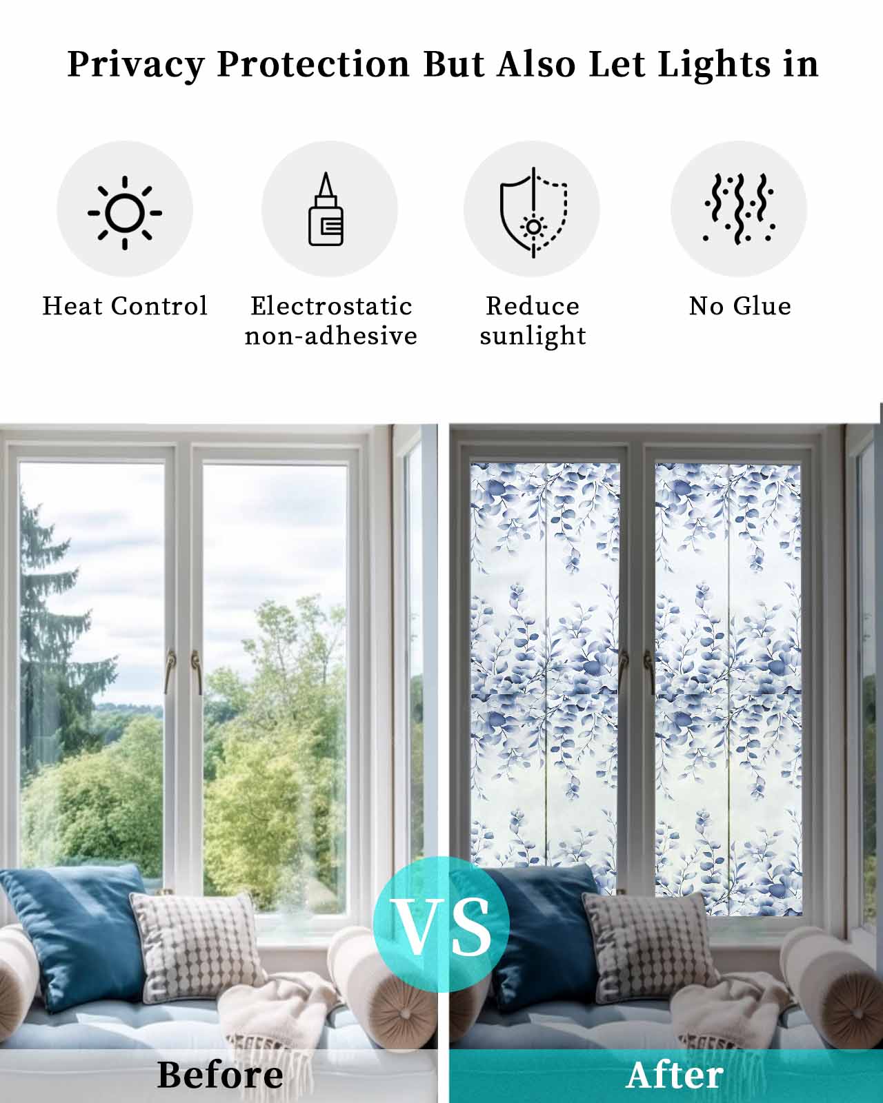 Window Privacy Film Blue Eucalyptus Leaves Stained Glass Window Film Decorative Sun Block Window Cover Watercolor Spring Botanical Window Clings Static Adhesive Sticker for Bathroom 17.7"x78.7"