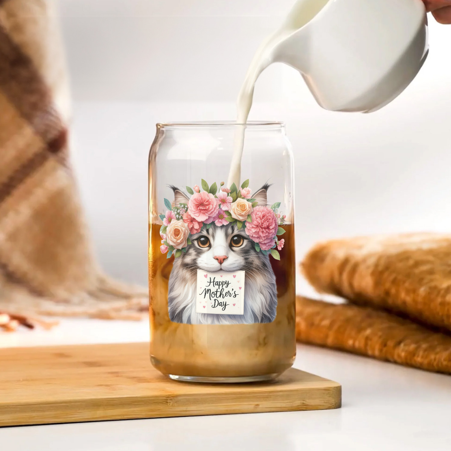 Happy Mother's Day Maine Coon with Flower Crown and Greeting Card 16oz Glass Cup Mug Cat Lover Kitten Owner Gifts Glass Can - 13004