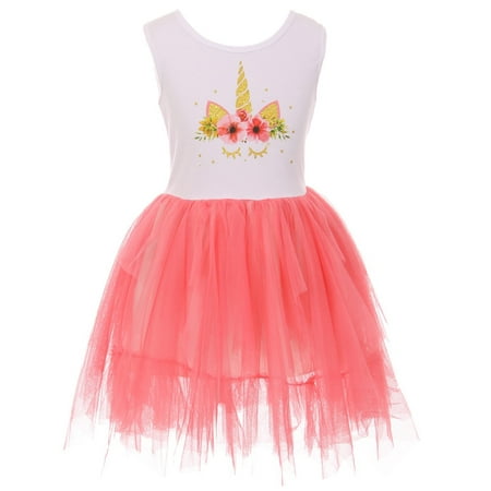 Toddler Girls Sleeveless Unicorn Tutu Tulle Birthday Party Flower Girl Dress Coral 2T XS (P501354P)