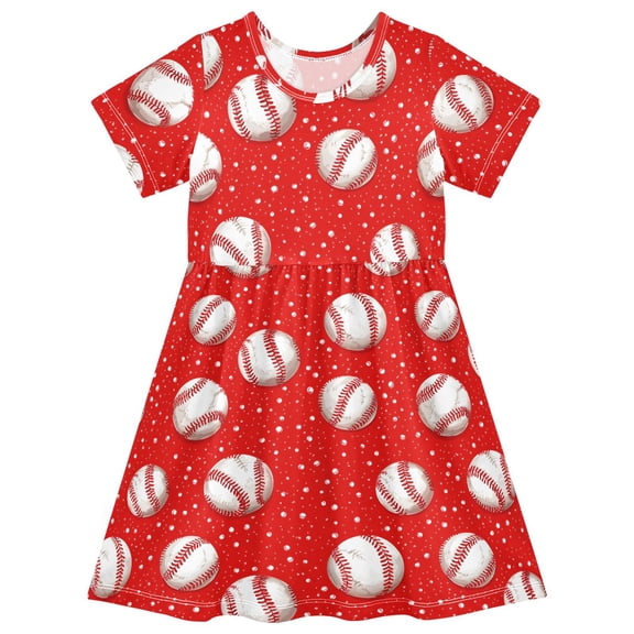 joogoo Baseball on Red Girls' Short Sleeve Dress Kids Dresses 4T