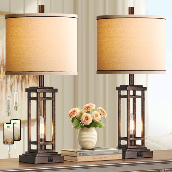 27.5in Tall Farmhouse Table Lamps with USB C   USB A Charge Ports, Rustic Living Room Lamps Set of 2, Black Industrial End Table Lamp for Bedroom Living Room Nightstand (Bronze)