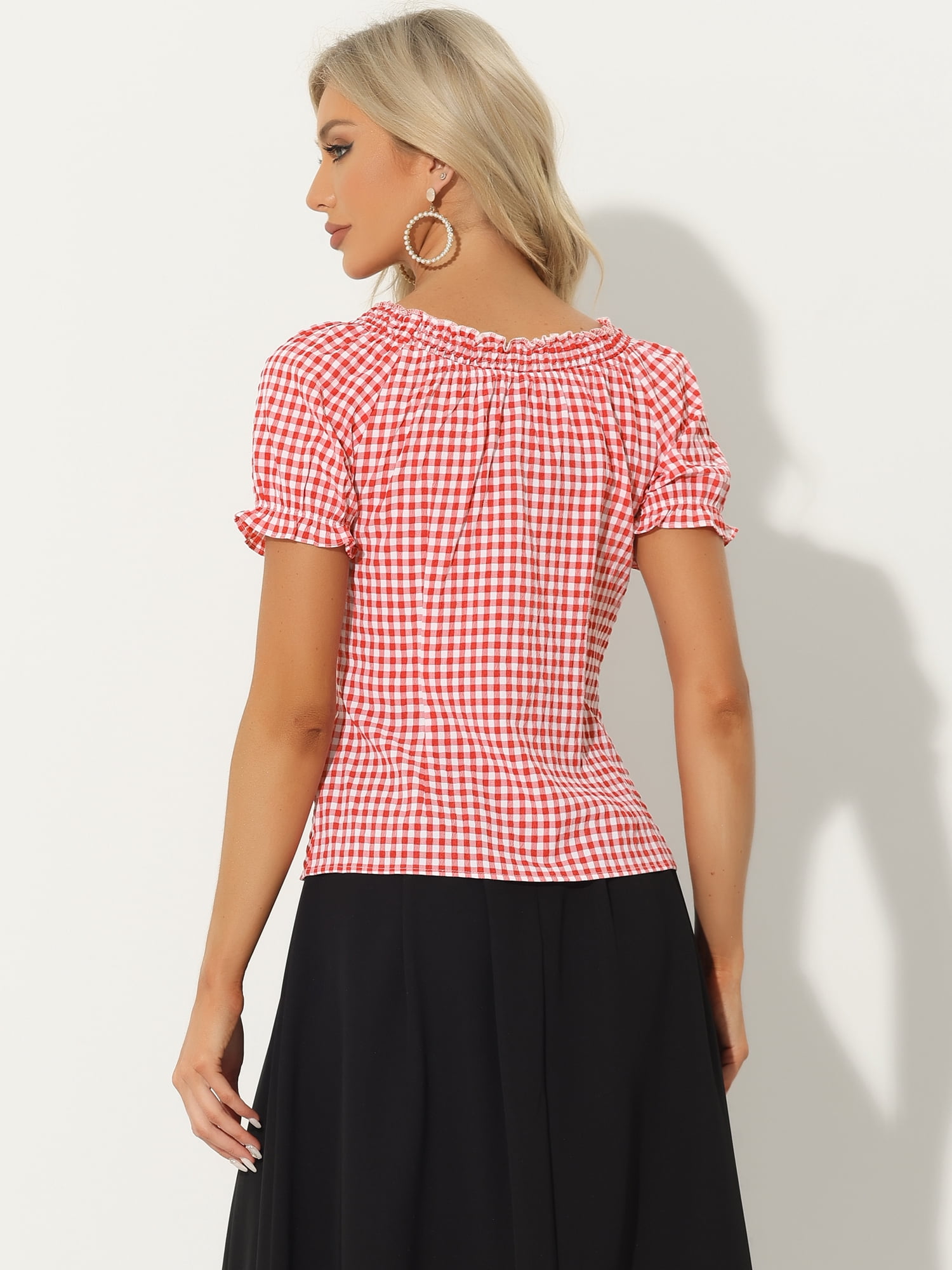 DARING DIVA Woman's Peasant Ruffles Puff Sleeve Gingham Plaid Top M Red