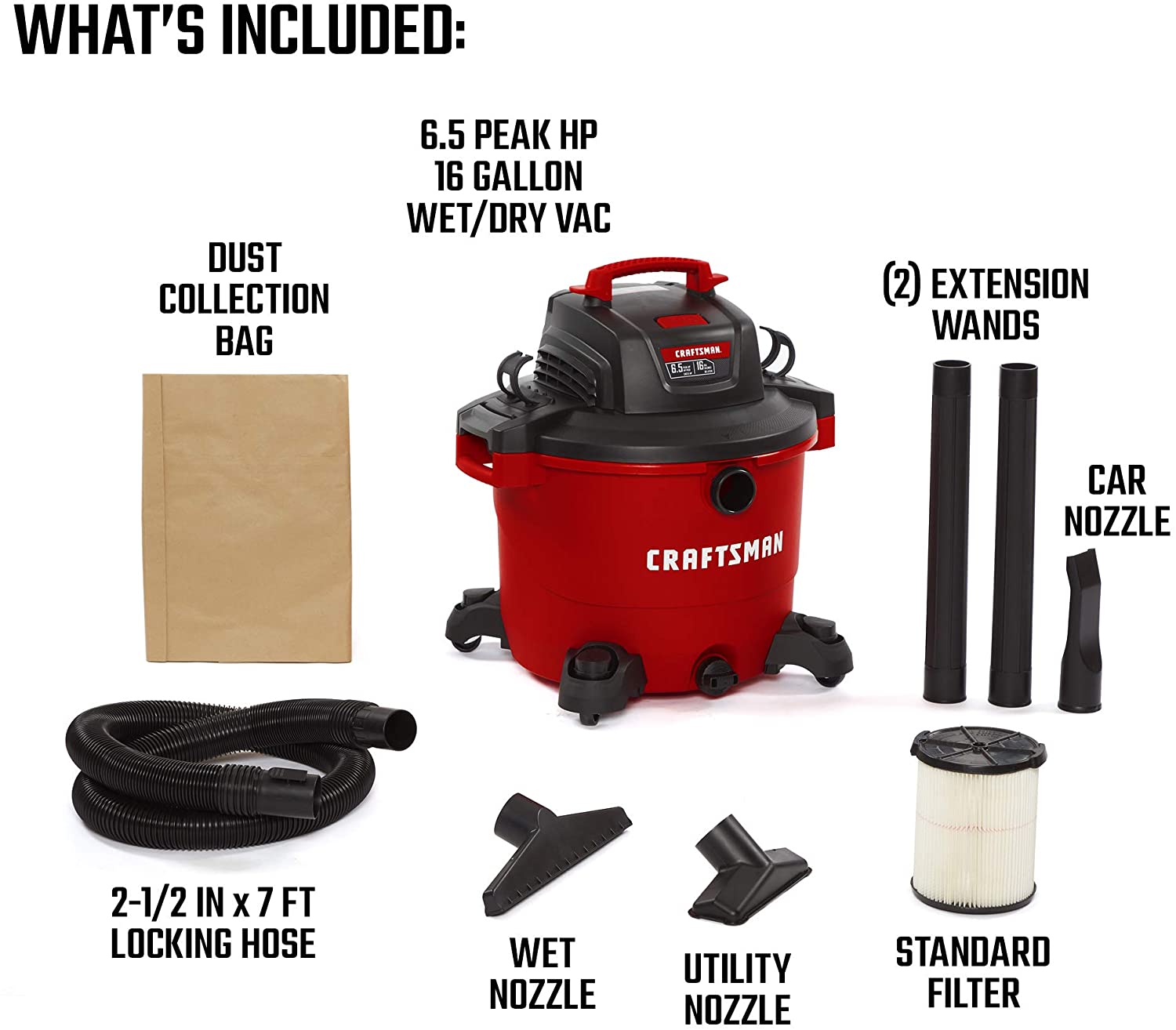 Craftsman CMXEVBE17595 16 Gallon 6.5 Peak HP Wet/Dry Vac, Heavy-Duty Shop Vacuum with Attachments - image 4 of 4