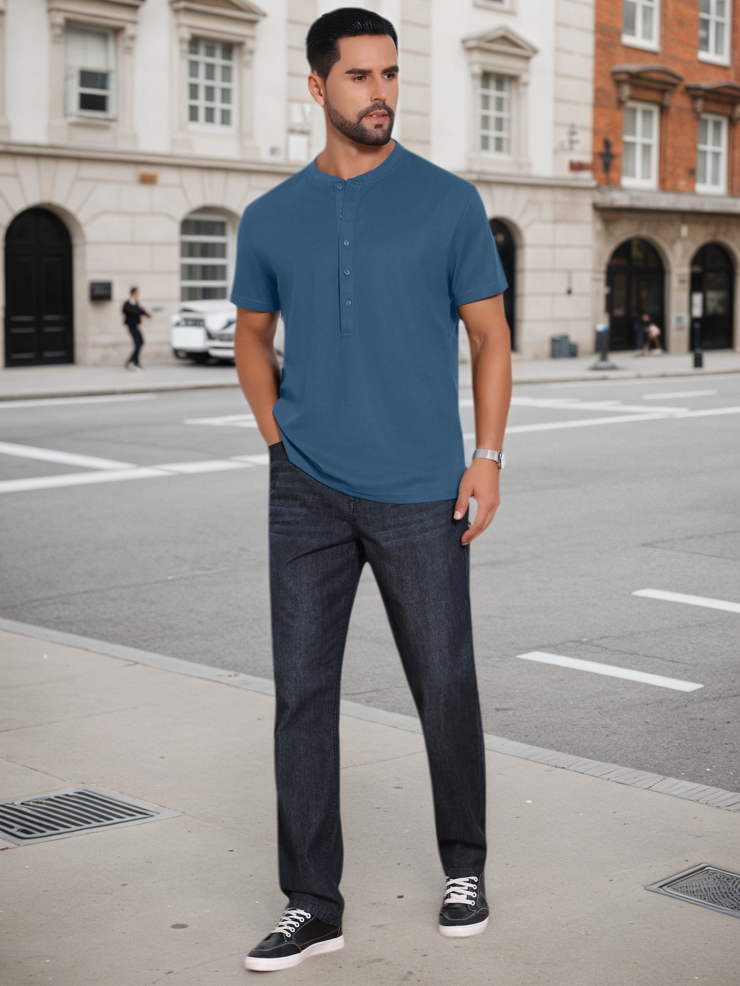DARING DIVA Men's Henley Breathable Short Sleeve Button Down T-Shirt 2XL Dark Blue