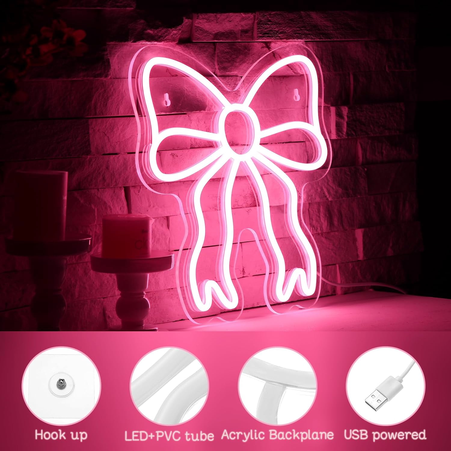 Pink Bow LED Neon Sign Bedroom Women Room Neon Light Sign Coquette Aesthetic Home Wall Preppy Dorm Beauty Room Salon Decor Party Bar Decoration Gift for Her 11.8x11.8in