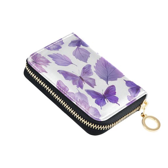 Purple Leaves Butterflies Dreamy Women's Credit Card Holder PU Leather Zipper Wallet RFID Blocking