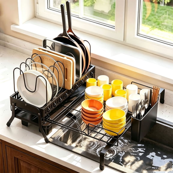 Housolution Large Expandable Dish Drying Rack, Adjustable Dish Rack for Kitchen Counter, Multifunctional Anti-Rust Dish Drainer with Utensil Holder & Drip Tray, Black