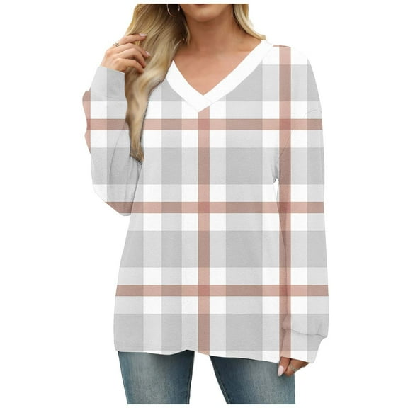 Womens Plus Size Fall Clothes, Long Sleeve Shirts for Women Fashion Loose Fit Striped Printed V Neck T-Shirts