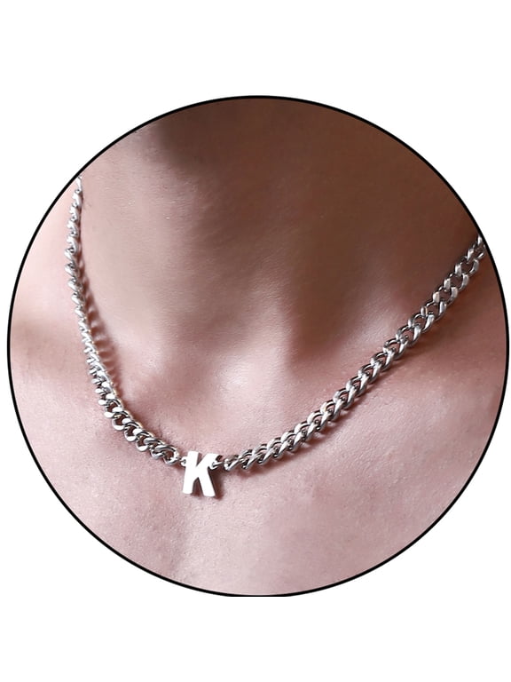 Silver Plated Initial Necklaces for Men Women Stainless Steel Cuban Letter K Pendent Chain Birthday Christmas Jewelry Gifts Teen Boys Girls Stocking Stuffers Kids