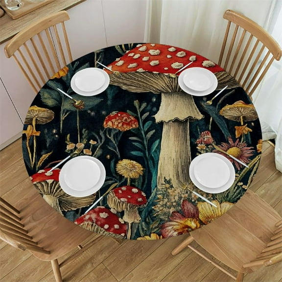 Patifu Mushroom Flowers Maximalism Round Tablecloth 100% Polyester Outdoor Fitted Waterproof Stain-Resistant and Washable for Restaurants, Weddings, Parties 31"-35