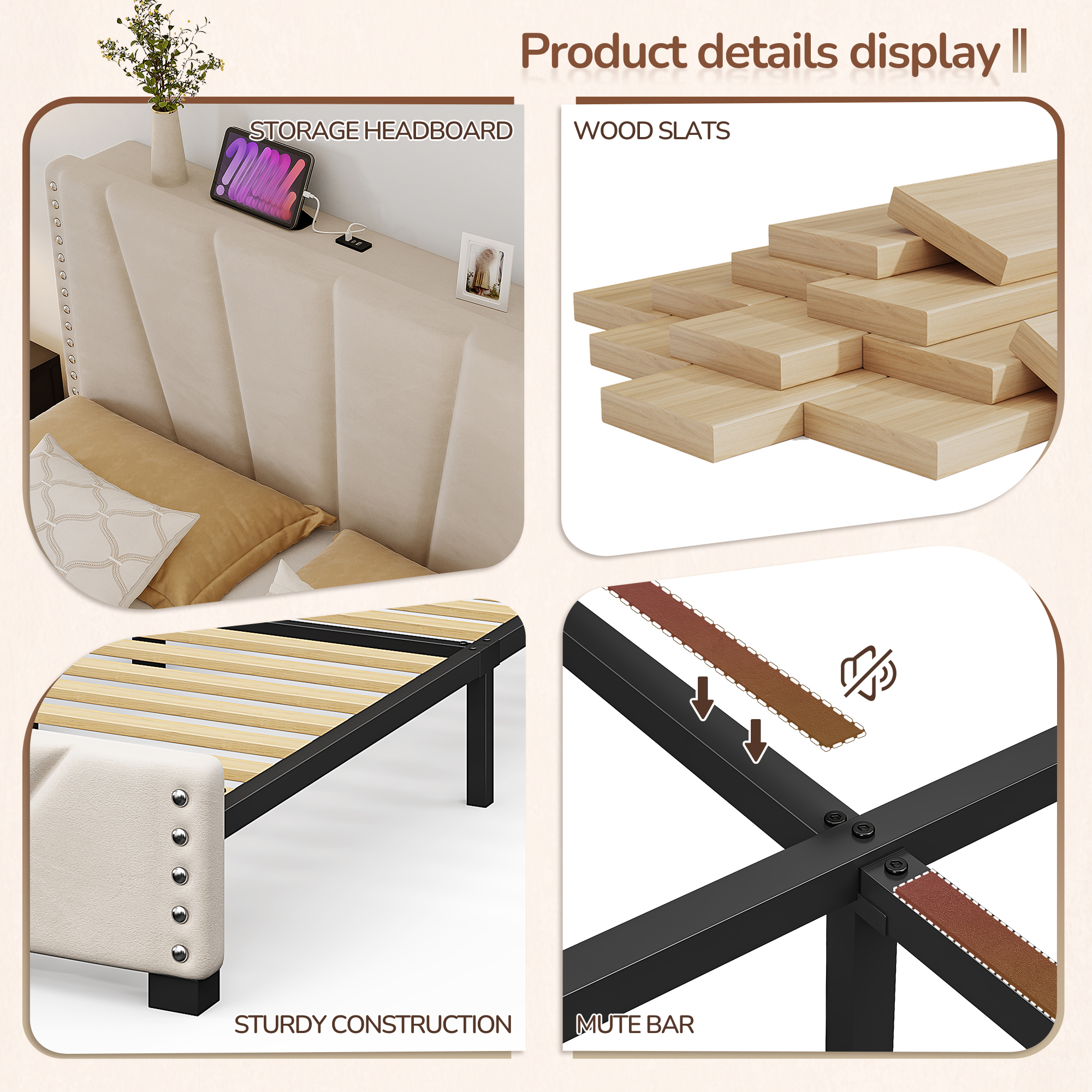 EnHomee Full Platform Bed with LED Lights & Headboard, Beige photo 3