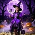 thumbnail image 4 of AWZXDE Girls' Dresses Girls Witch Dress Long Sleeve Mesh Halloween Dress With Hat Wand Bag Purple - 3-4 Years, 4 of 7
