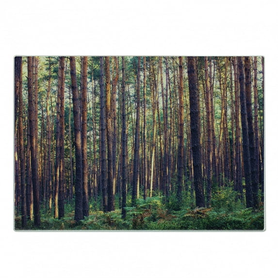Forest Cutting Board, Forest in the Morning Tall Trees Trunks Greenery Natural Environment Picture Print, Decorative Tempered Glass Cutting and Serving Board, Small Size, Green Brown, by Ambesonne