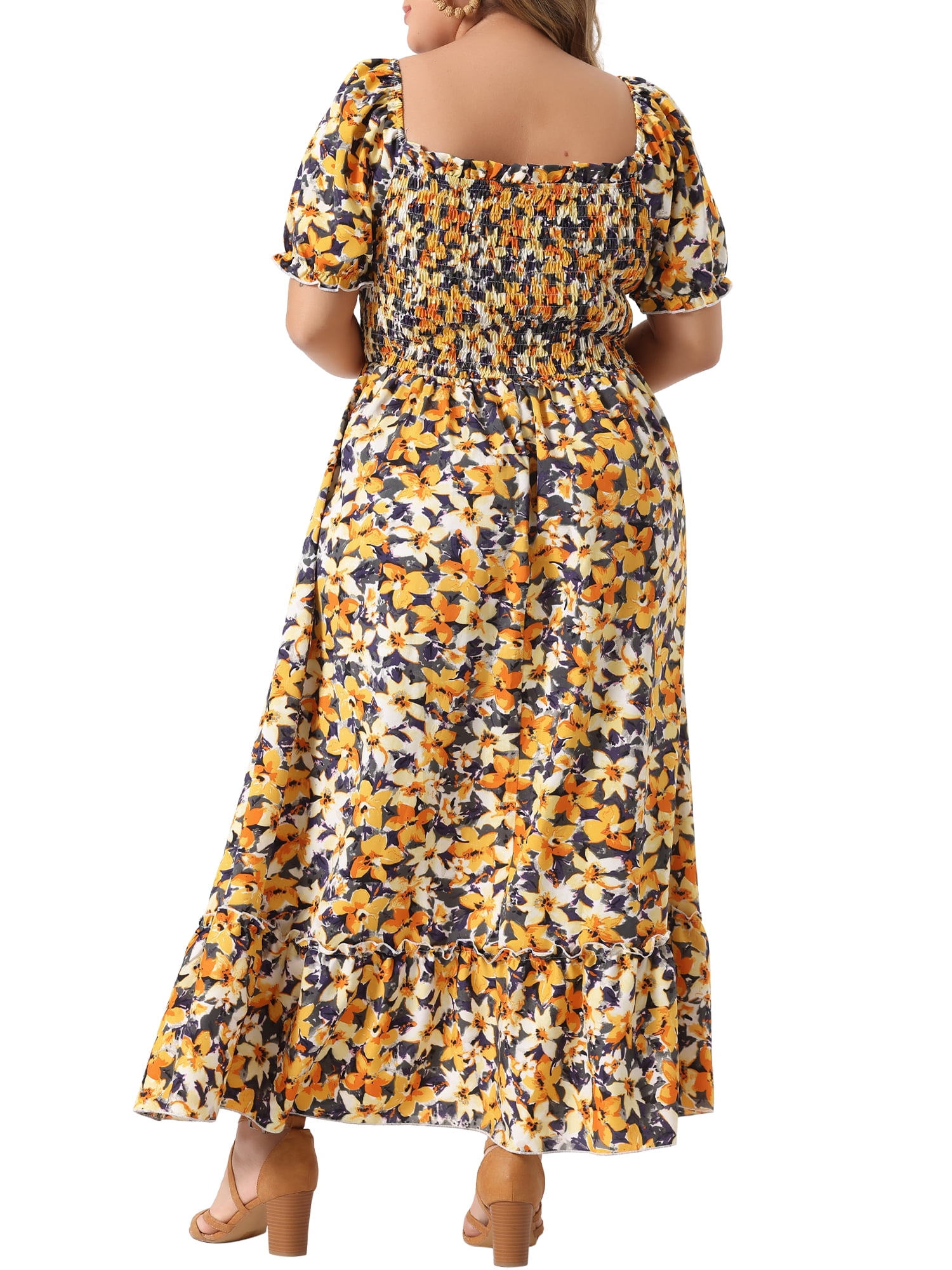 DARING DIVA Women's Plus Size Short Sleeve Square Neck Maxi Floral Dress 1X Yellow