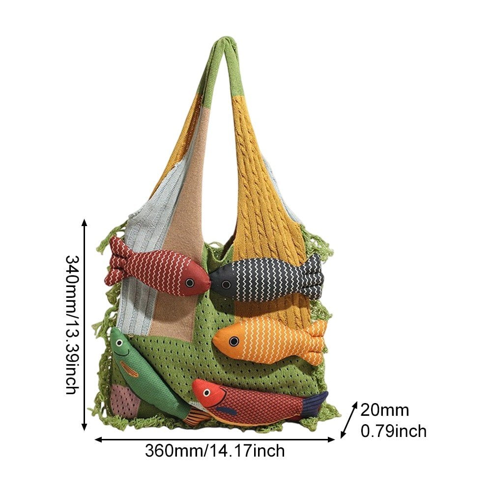 Jiibva Crochet Beach Shoulder Bag for Women Summer Tote handbags Shoulder Boho Bag with Handmade Fish for Summer Vacation