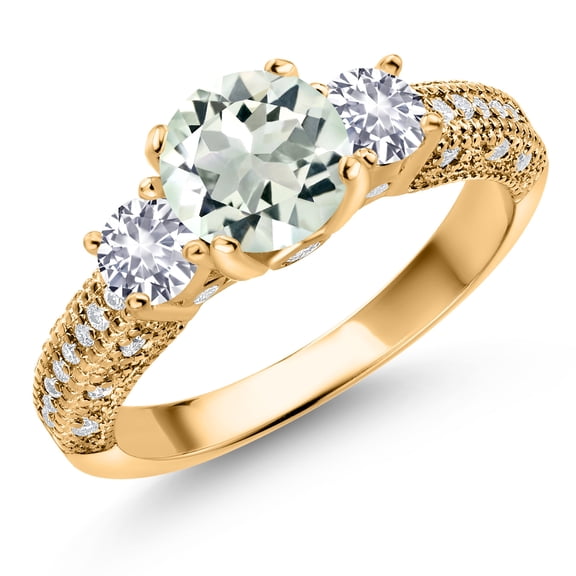 Gem Stone King 18K Yellow Gold Plated Silver Green Prasiolite White Created Sapphire and White Moissanite Engagement Ring for Women (1.68 Cttw, Gemstone, Round 7MM and 4MM, Size 8)