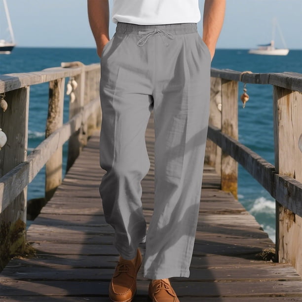 Pantalones largos casuales de poliéster para hombre, color sólido, cintura elástica, cordón ajustable, pierna ancha, bolsillos, para playa