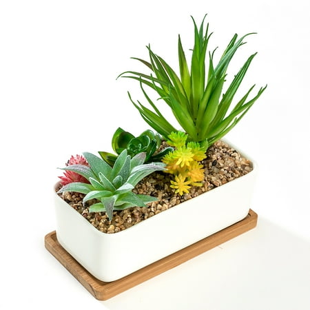 White Rectangular Ceramic Succulent Planter Pot with Bamboo Saucer, Window Plant Container (Best Soil For Window Boxes)