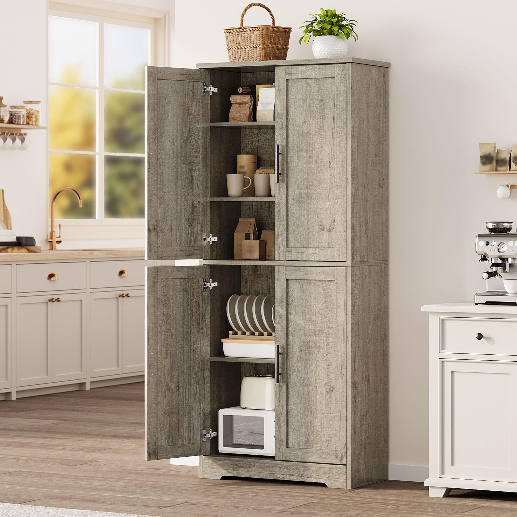 70" Kitchen Pantry Cabinet, Freestanding Storage Cabinet with 4 Doors and Shelves, Tall Large Wood Storage Cabinet for Bathroom, Dining Room