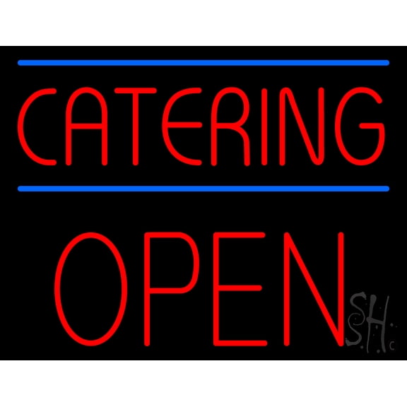 Red Catering Block Open LED Neon Sign 15 x 19 - inches, Clear Edge Cut Acrylic Backing, with Dimmer - Bright and Premium built indoor LED Neon Sign for restaurant window and interior decor.