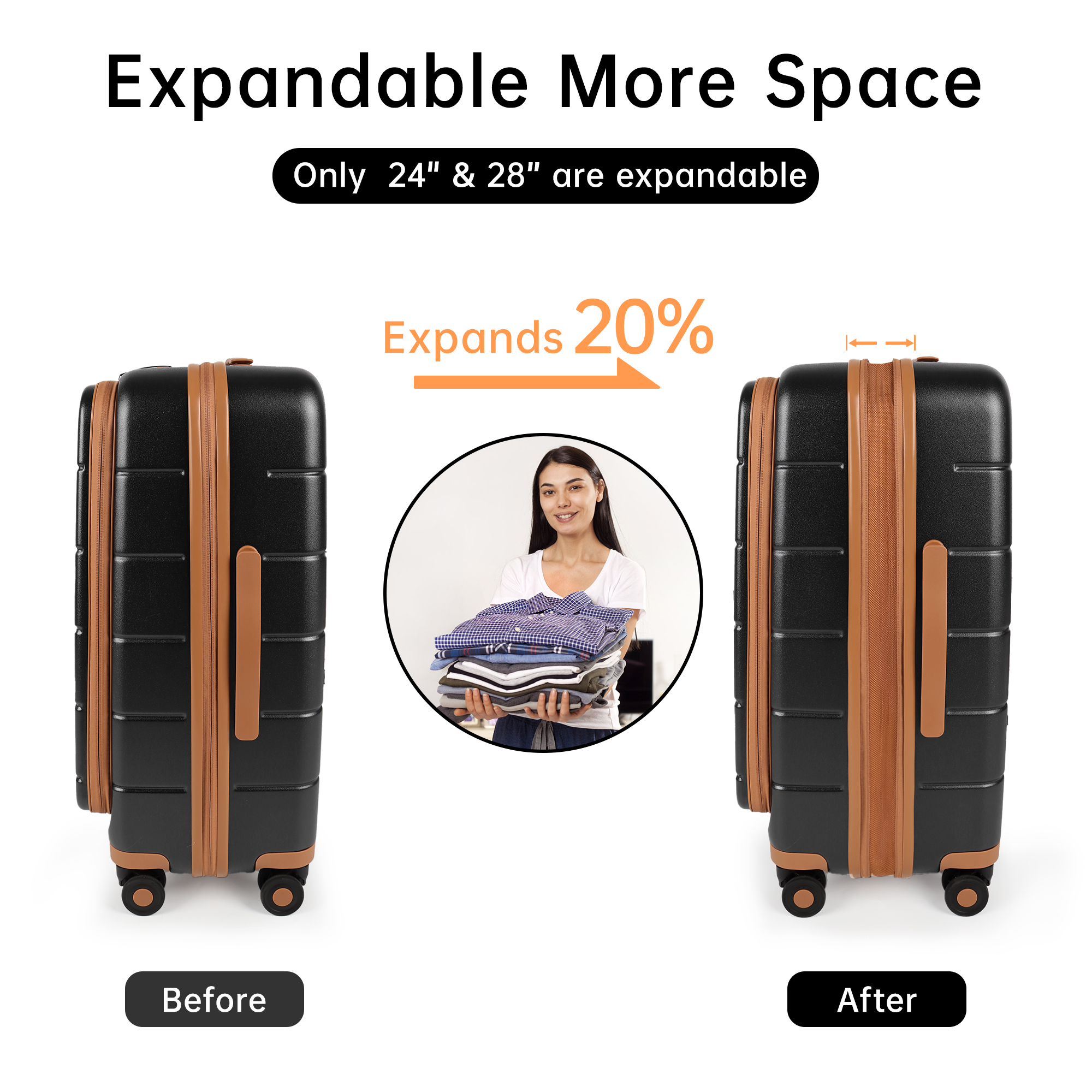 3 Piece Luggage Set,Hardside Expandable Front Opening Spinner Luggage with TSA Lock,Lightweight Hardshell Suitcase Set,20"/24"/28",Black,CY2431