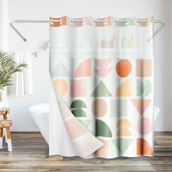 Americanflat 72x75 Hookless Shower Curtain - Abstract Orange Green Shower Curtain with Sheer Panel, Snap-In Liner, and Grommets - 100% Polyester