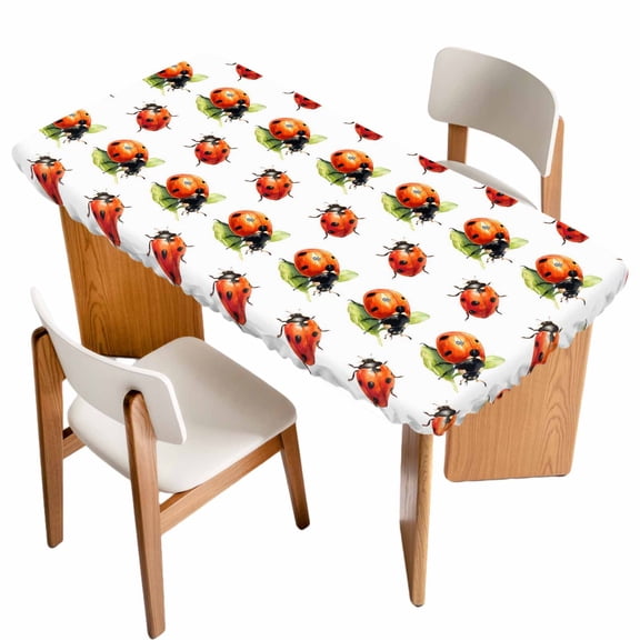 Cute Ladybugs Table Cloths for 4 Foot Rectangle Tables, Spring Botanical Leaves Farmhouse Patio Waterproof Elastic Fitted Tablecloths, Washable Rectangular Table Cover for Camping