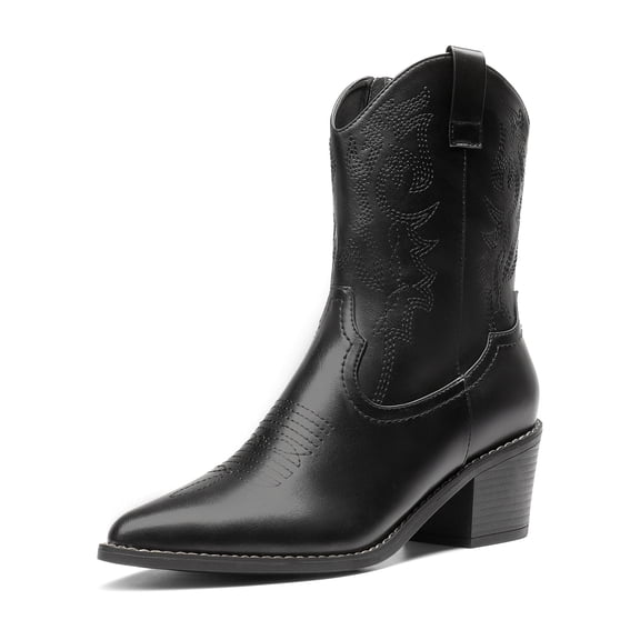 DREAM PAIRS Women's Cowboy Boots, Pointed Toe Chunky Heel Cowgirl Boots, Zipper Pull-On Stitched Western Boots Ankle Boots for Ladies