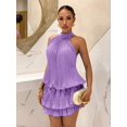 thumbnail image 3 of Purple Halter Neck Pleated Tiered Ruffle Mini Dress For Women, Spring Summer Boho Resort Style, 3 of 7