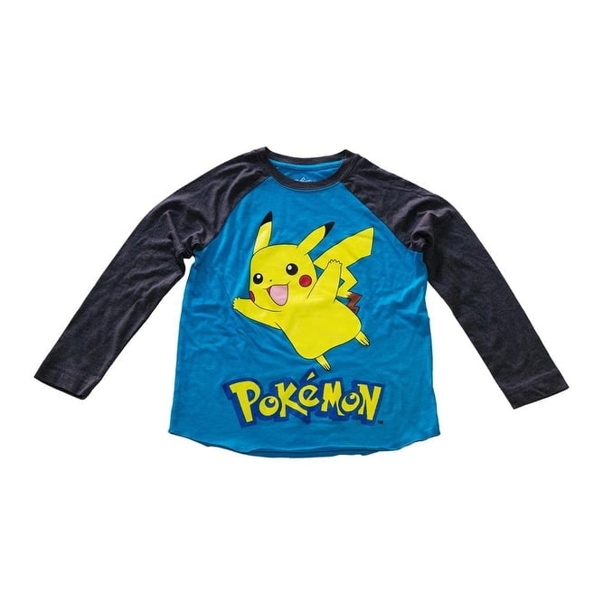 Poke Pikachu Kids Childrens Poke Short T-shirt Blue Long Sleeves XS