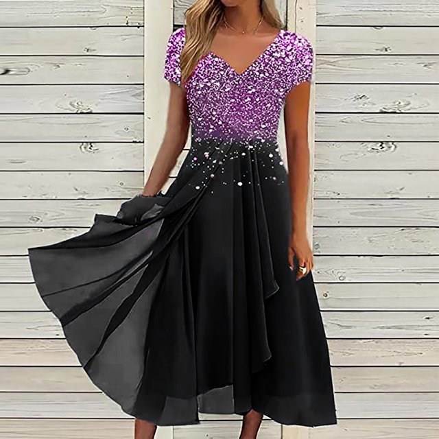 Qiopertar Robes d'Été pour Femmes Imprimé Floral Manches Courtes Col en V Robe Plissée Fluide Grandes Économies de Vacances! Moins de 5$ jusqu'à 90 % de Réduction