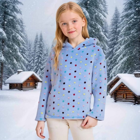 qolati Toddler Girls Fleece Hoodie Cozy Sherpa Fall Sweatshirt Cute Dots Printed Fuzzy Fluffy Pullover Casual Tops 4-15 Years