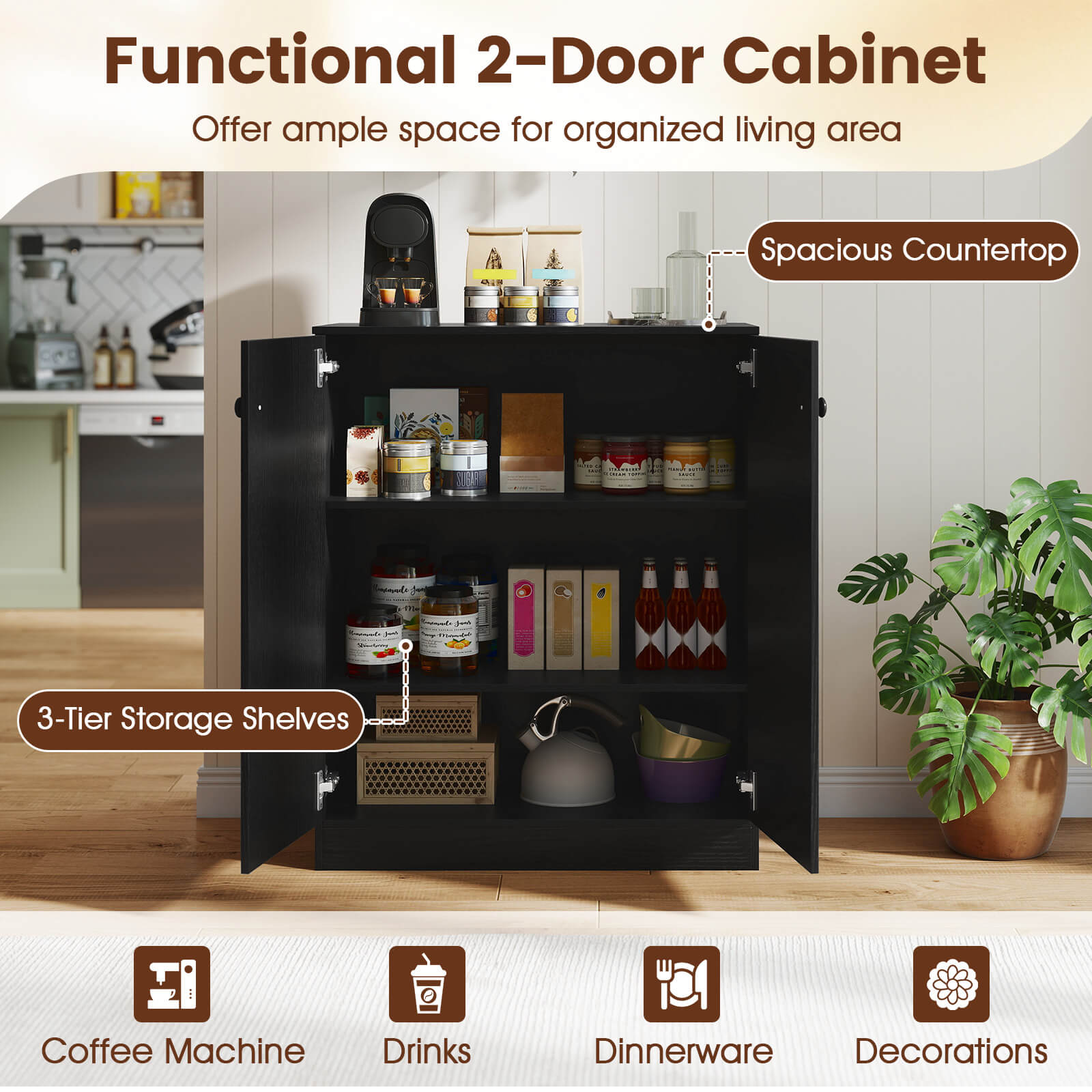 Costway 2-Door Storage Cabinet Freestanding Storage Organizer with 3-Tier Shelf Entryway Black