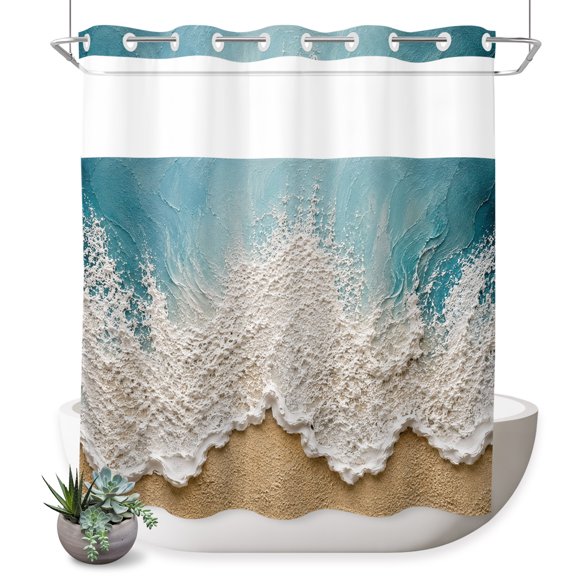 No Hook Shower Curtain, Turquoise Coastal Waves Shower Curtains for Bathroom with See Through Top Window, Abstract Summer Ocean Sand Modern Waterproof & Washable Bath Curtain 66"x72"