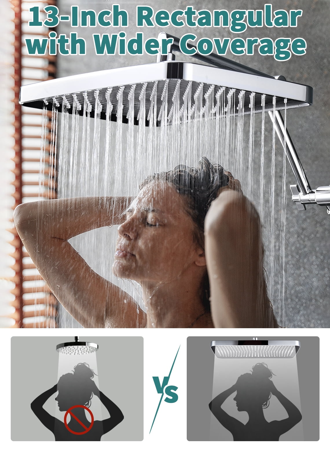 G-Promise 13 Inches Rain Shower Head with 4-Mode Wand Combo, 13 Inches Adjustable Extension Arm, 3-Way Diverter Valve and Extra Long Flexible Hose