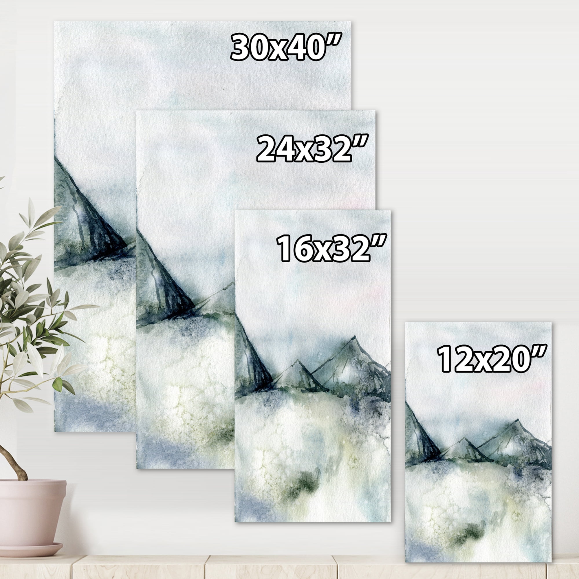 Dark Blue Mountain Landscape Winter Minimalistic 8 in x 12 in Painting Canvas Art Print, by Designart