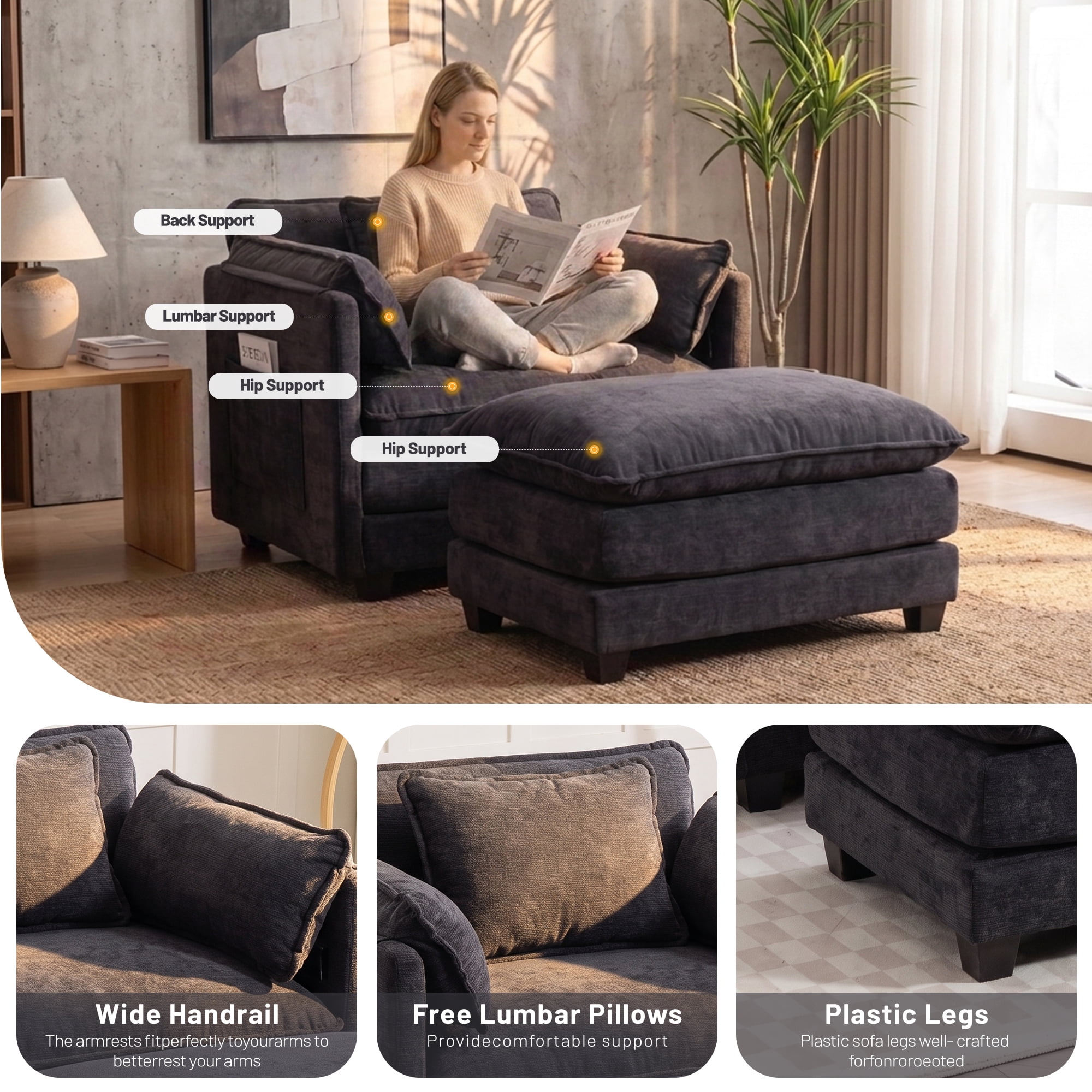 39.76" Oversize Accent Chair wirh Ottoman Armchair Set with Side Pocket