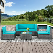 Walsunny 5 Piece Blue Outdoor Patio Furniture Silver Gray Rattan Wicker Sectional Sofa