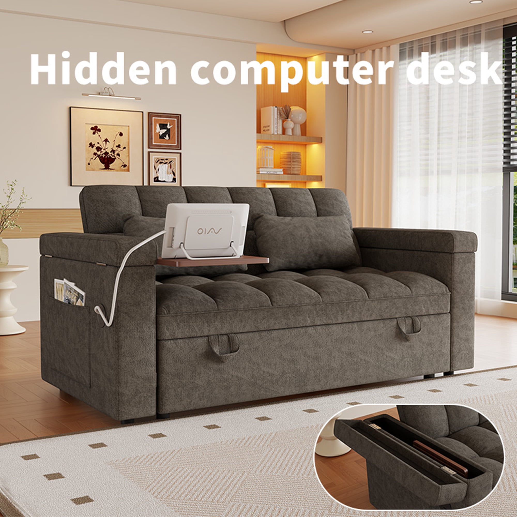 LITVZ 3 in 1 Convertible Sleeper Sofa, 65in Sleeper Couch with Pull Out Bed, Oversized Loveseat Futon Sofa Hide-A-Bed w/Adjustable Backrest, Storage Armrests and Laptop Table for Living Room