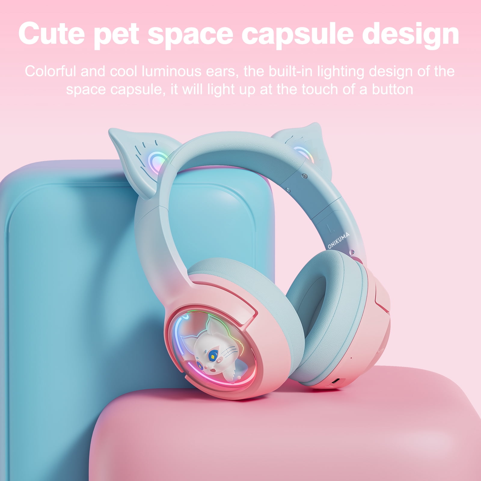 Cat Ear Wireless Bluetooth Headphones for PS5/PS4/PC/Mac/Switch,Over Ear Cute Gaming Headset with Noise Canceling Mic,Surround Sound