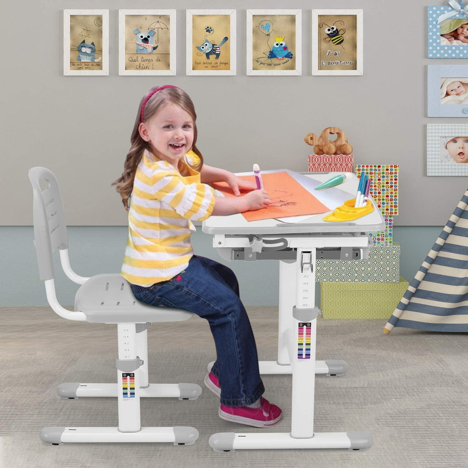 LAZY BUDDY Kids Desk Chair Set Height Adjustable Children Study Table W/  Storage Drawer Gray - Walmart.com