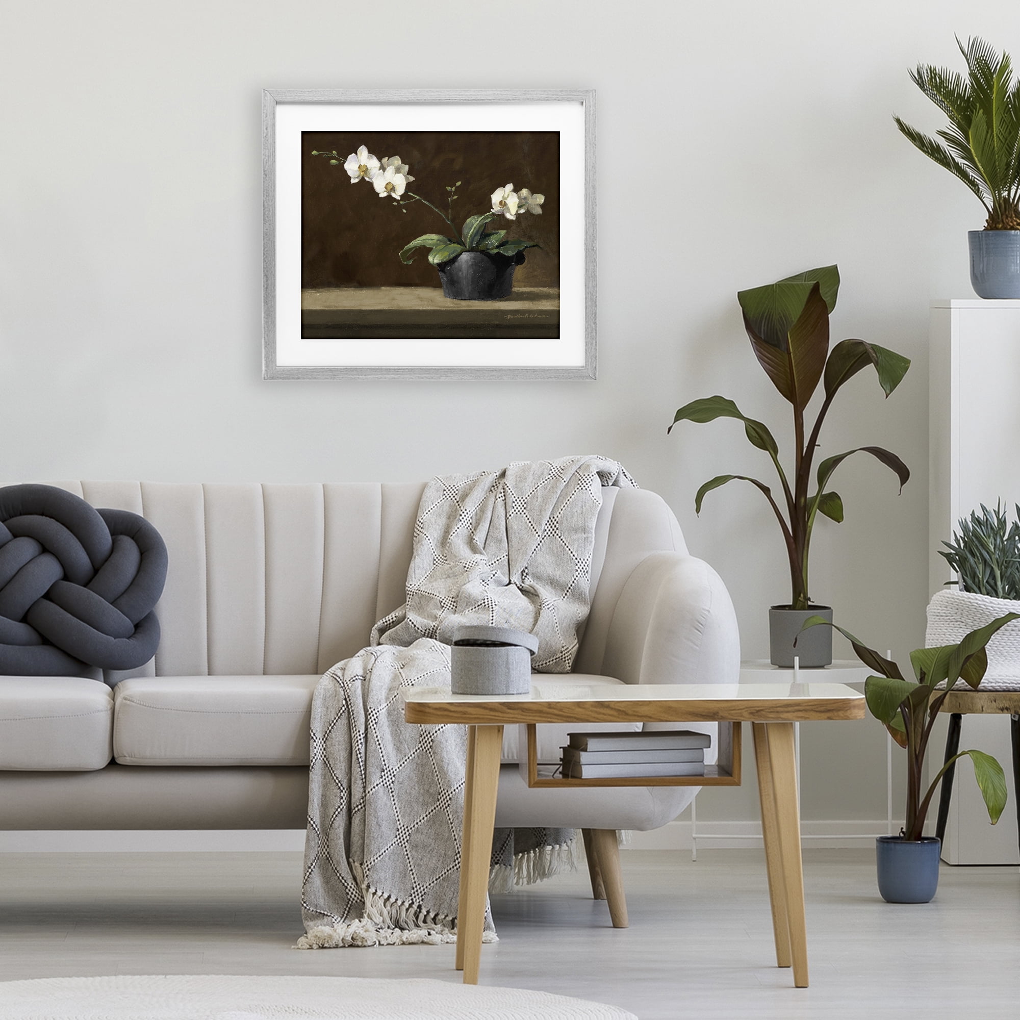 Stupell Industries Potted White Orchid on Ledge Gray Framed Print Under Glass, design by Yumiko Ichikawa