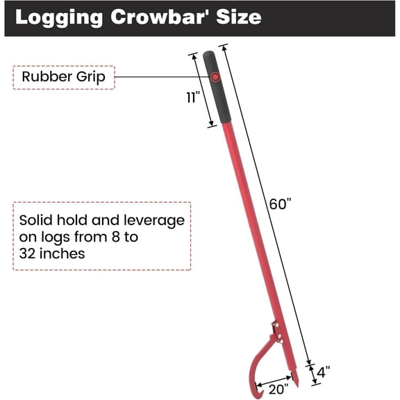 Log Peavey 61 in Handle Logger Roller Tool, Cant Hook Log Rolling Tool for Turning Logs,Opening Felling Log Roller Tool,Cant Hook with Rubber Grip and Adjustable Hook,Red