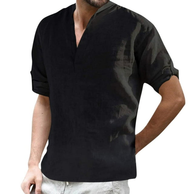 Chemise Décontractée Unie à Col Montant Manches Retroussables T-Shirt Manches Longues pour Hommes