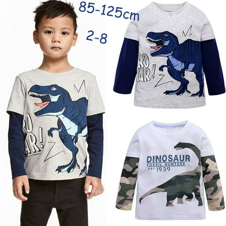 Kids Boys Cartoon Dinosaur Pattern Printing Cotton Long Sleeve T-shirt ...